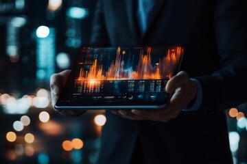 Businessman analyzing digital financial graph on tablet against urban skyline for growth insights