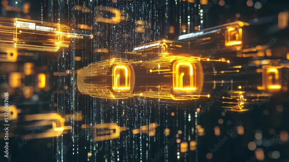 Poster futuristic digital lock visual with abstract data streams and glow effects