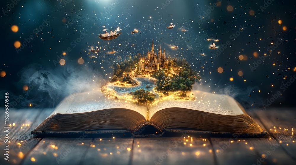 Poster a whimsical and imaginative scene of a grand fantastical kingdom rising from the pages of an open bo