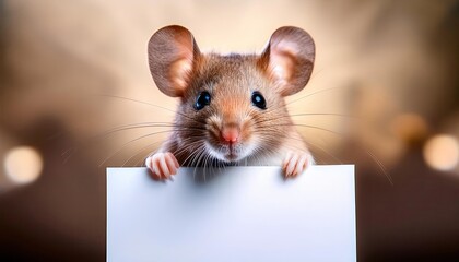 Fototapeta premium mouse holding blank card or poster , closeup view of animal pet face portrait and empty blank