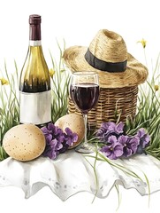Naklejka premium Elegant watercolor basket with eggs and a bottle of wine isolated on a white background for easter picnic gatherings