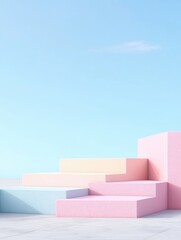 Fototapeta premium Pastel platform stages under a clear sky, ideal for product placement or minimalistic backgrounds