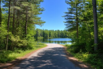 Obraz premium A tranquil road winds through lush greenery, leading to a serene lake under a bright blue sky.