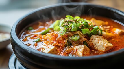 Delicious Korean Spicy Tofu Stew with Fresh Vegetables and Garnish
