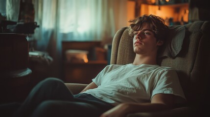 Obraz premium A young man sits back in a comfortable chair, lost in thought, with dim light filtering through a window in the background, creating a serene evening atmosphere
