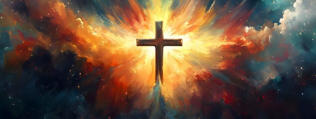Fototapeta premium Celestial Cross: A radiant cross against a backdrop of heavenly clouds and brilliant light, a powerful visual of faith, hope, and spiritual ascension. 