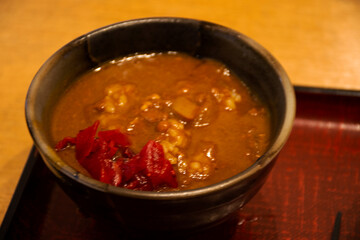 Japanese food pork curry with rice topping pickled vegetable or fruit of local restaurant shop in Ariake train JR railway Station of Tokyo Bay in Koto City, Tokyo, Japan