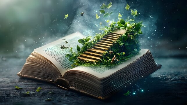 An open book with a golden staircase rising from its pages leading into a magical sky filled with floating islands and mystical beings transporting the viewer into a realm of fantasy and imagination
