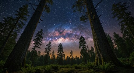 Ancient Forest Night Sky Milky Way - Majestic ancient trees frame a breathtaking Milky Way, symbolizing nature's grandeur, cosmic wonder, timelessness, interconnectedness, and serenity