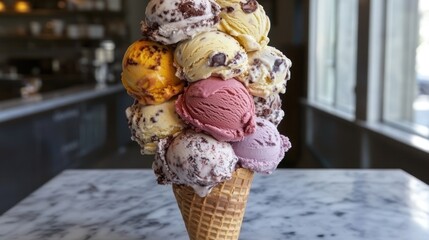 A tall ice cream cone overflowing with scoops of various colorful flavors.