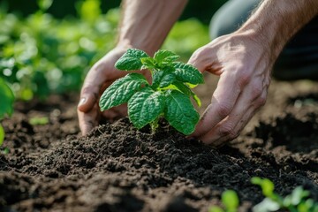 Gardening hands nurturing young plant in rich soil on a sunny day in rural setting