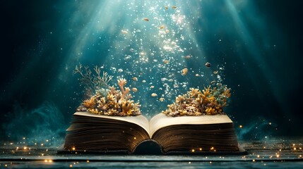 Obraz premium Ancient Book Opens to Unveil a Captivating Underwater World Filled with Mermaids Glowing Coral and Diverse Deep Sea Creatures Swimming Above the Pages