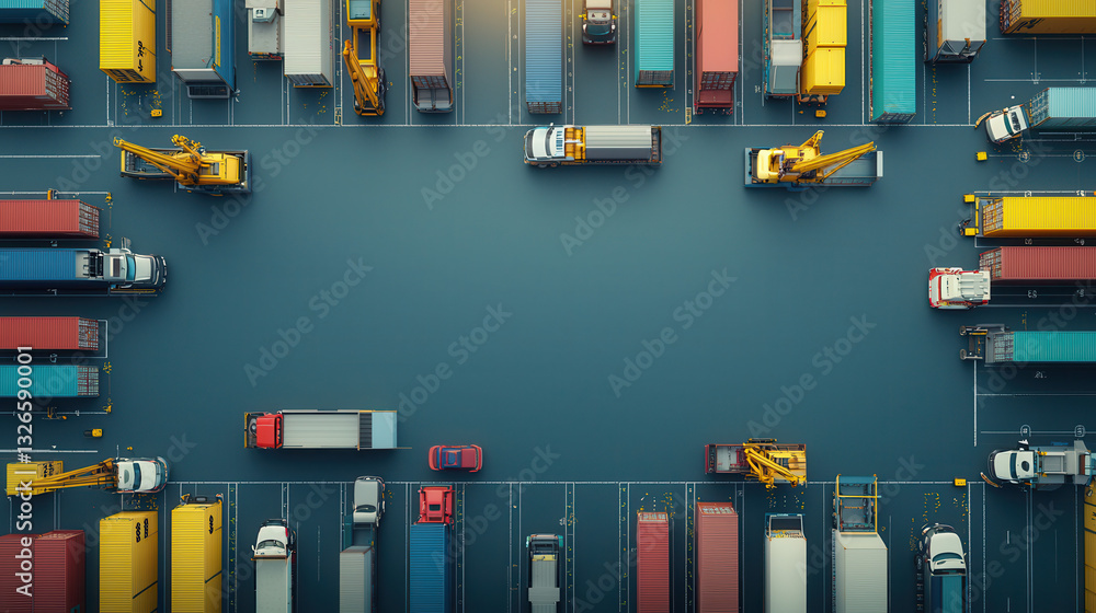 Poster bustling logistics port with rows of neat shipping containers and vehicles. scene captures organized