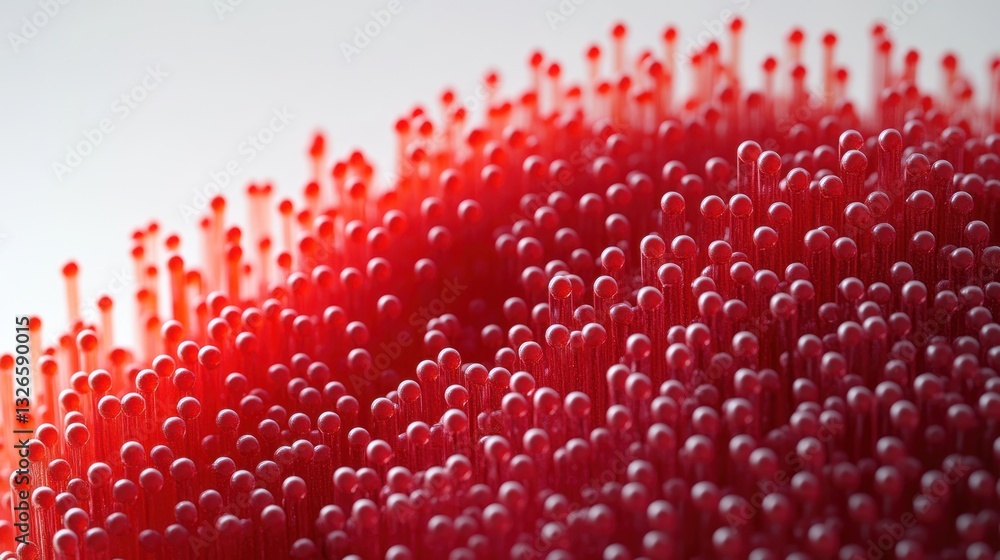 Poster abstract red sphere with numerous tiny cylindrical protrusions, close-up view.