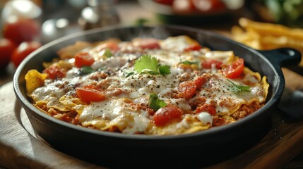 A pan of nachos with melted cheese and toppings.