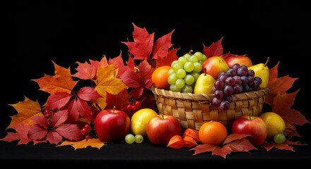 Autumn Harvest Fruit Basket - A wicker basket overflowing with colorful autumn fruits like apples, pears, and grapes, surrounded by vibrant fall leaves
