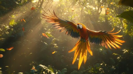 Vibrant Parrot in Sunlit Tropical Forest with Lush Greenery