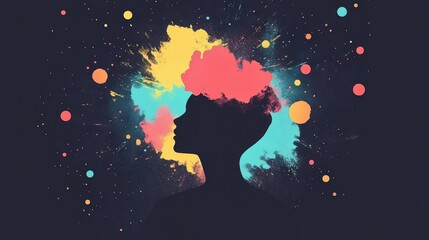 A silhouetted head surrounded by colorful bursts of creative energy