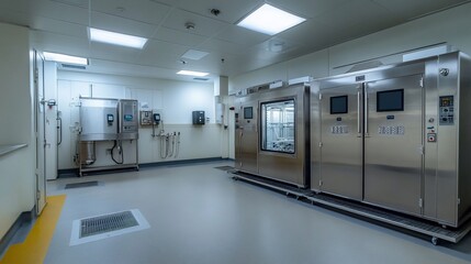 Cleanroom laboratory featuring stainless steel equipment and controlled environment chamber
