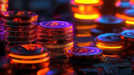 Vibrant Neon Cryptocurrency Coins with Glowing Effects and Reflections