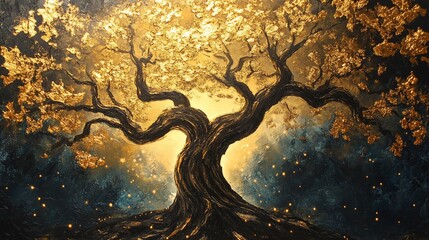 Golden tree with textured leaves and glowing lights on a dark textured background