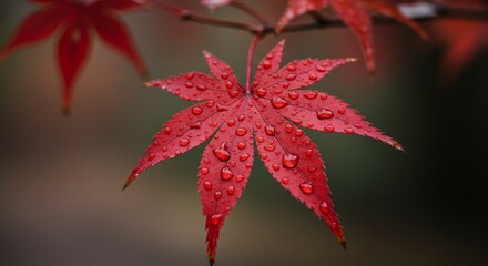 Autumn's Crimson Jewel: Glistening Maple Leaf - A single maple leaf, vibrant red, glistening with raindrops. Symbolizing autumn, nature's beauty, tranquility, the passage of time, and resilience