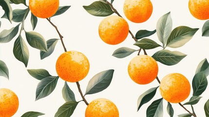 Ripe oranges on branches with green leaves, seamless pattern.