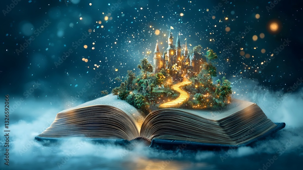 Poster captivating image showcasing a floating book with a fantastical kingdom unfolding from its pages con