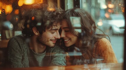 Fototapeta premium Inside a warm cafe, a couple leans closely together, sharing smiles and laughter. Soft lighting and reflections create an intimate atmosphere as they enjoy their connection
