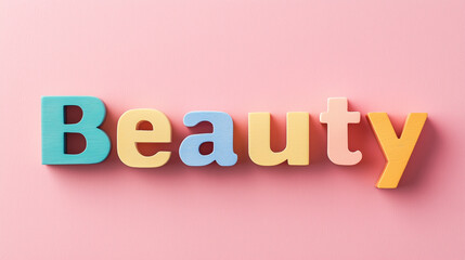ピンク背景にカラフルに並べた立体的な木製ビューティー文字 | 明るい色彩構成