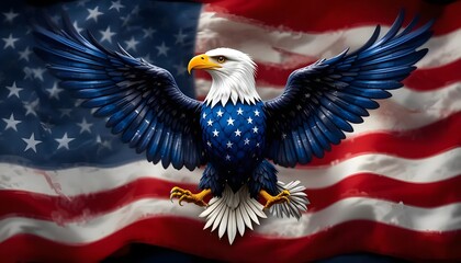 Fototapeta premium A majestic bald eagle with an intense gaze set against an American flag background, representing strength, freedom, and national pride