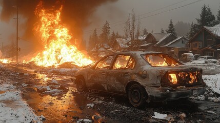 A burnt-out vehicle sits in a snowy street surrounded by flames and smoke. Houses nearby show signs of damage, highlighting a chaotic and dangerous environment during a disaster