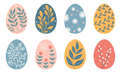 Easter eggs set decorated with hand drawn floral elements. Easter egg with flowers, leaves, plants ornament. Vector illustration on white background.