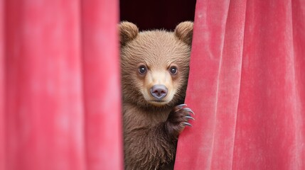Cute brown bear cub peeking from behind red curtains.