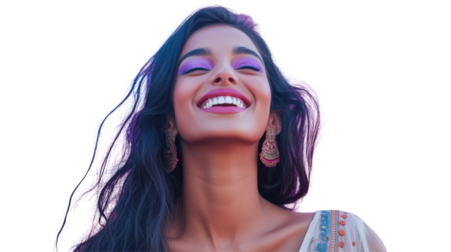 Cheerful Indian Woman Closing Her Eyes on Png Background. Fictional Character Created By Generative AI.