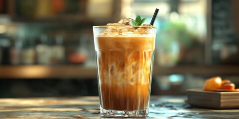 Refreshing iced coffee served in a tall glass with ice and mint garnish on a rustic wooden table in a cozy cafe setting