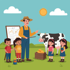 Farmer Explaining Farm Life to Children with Cow and Chart