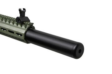 A green pneumatic carbine with a black suppressor and modern tactical style, complete with an...