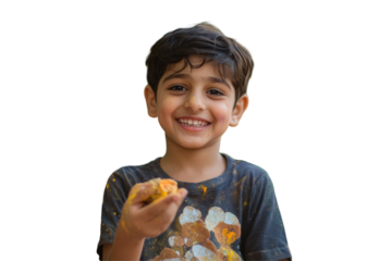 Happy Indian Boy Celebrating Holi Festival with Sweet on Png Background. Fictional Character Created By Generative AI.