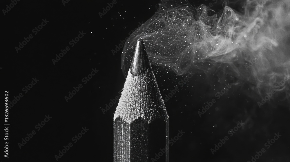 Poster close-up of a sharpened pencil in minimalist style with smoke and dust effect captured in monochrome