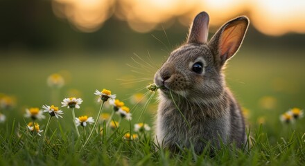 Fototapeta premium Bunny eat Meadow at Sunset - Adorable bunny rabbit eating grass in a field of daisies at sunset. Peaceful springtime scene