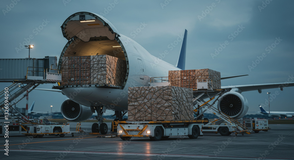 Poster cargo plane loading operation - a large cargo plane is being loaded with numerous cargo containers a
