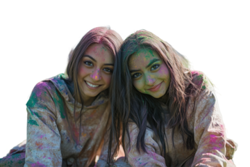 Happy Indian Sisters Celebrating Holi Festival on Png Background. Fictional Character Created By Generative AI.