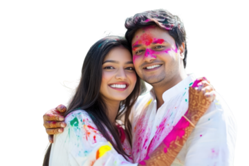 Happy Indian Couple Celebrating Holi Festival on Png Background. Fictional Character Created By Generative AI.