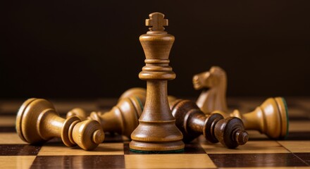 Chess King Triumphant - A lone chess king stands victorious over fallen opponent pieces on a dark wooden chessboard. A powerful representing strategy and victory