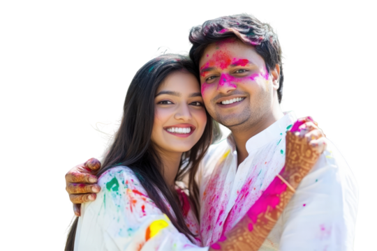 Happy Indian Couple Celebrating Holi Festival on Png Background. Fictional Character Created By Generative AI.