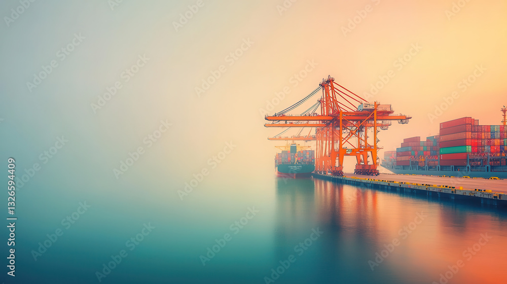 Poster fully automated shipping port with cranes and containers at sunset