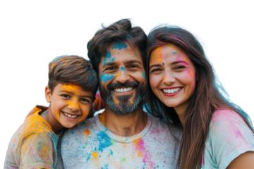 Happy Indian Family Celebrating Holi Festival on Png Background. Fictional Character Created By Generative AI.