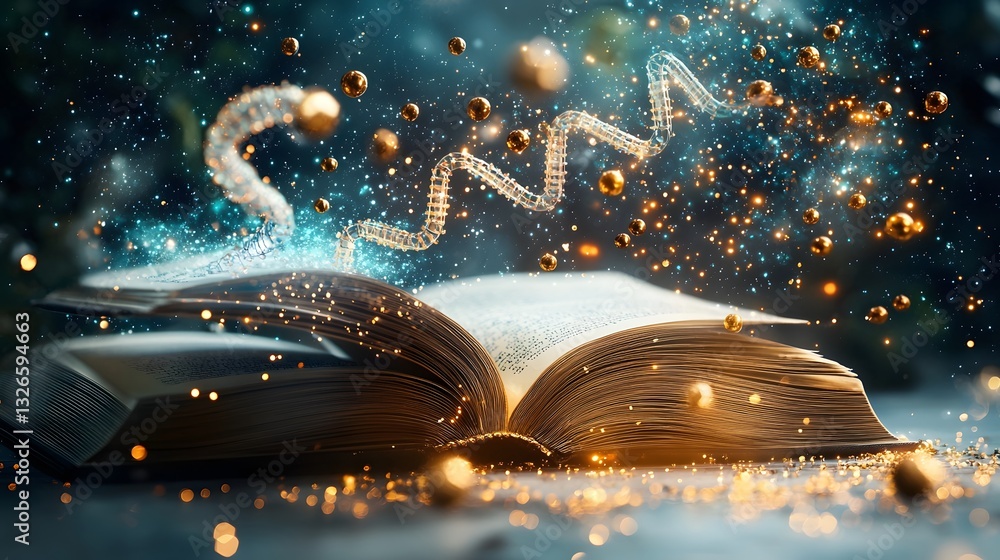 Poster a captivating image showcasing a glowing scientific laboratory emerging from the pages of an open bo