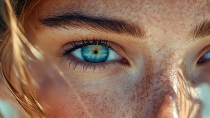 A close-up of captivating blue eyes framed by long lashes and light freckles, illuminated by soft sunlight in a serene outdoor environment, creating a warm ambiance